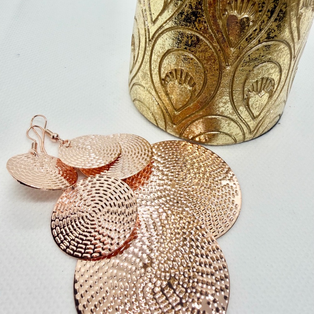 Rose Gold Textured Triple Disc Drop Earrings for Women - Picture 5 of 6